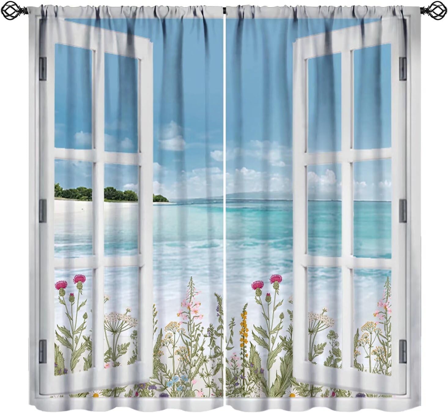 Home Office With View - Cortinas de Poliéster con Diseño Tropical